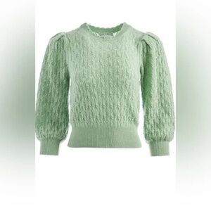 Alice + Olivia Doris Puff Sleeve Scalloped Cashmere Pointelle Mint Green Sweater